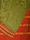 Olive and Red Narayanpet Silk Handloom Plain Saree with Traditional Border Design No Blouse - Global Threads