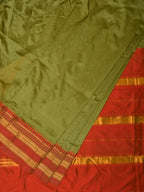 Olive and Red Narayanpet Silk Handloom Plain Saree with Traditional Border Design No Blouse - Global Threads