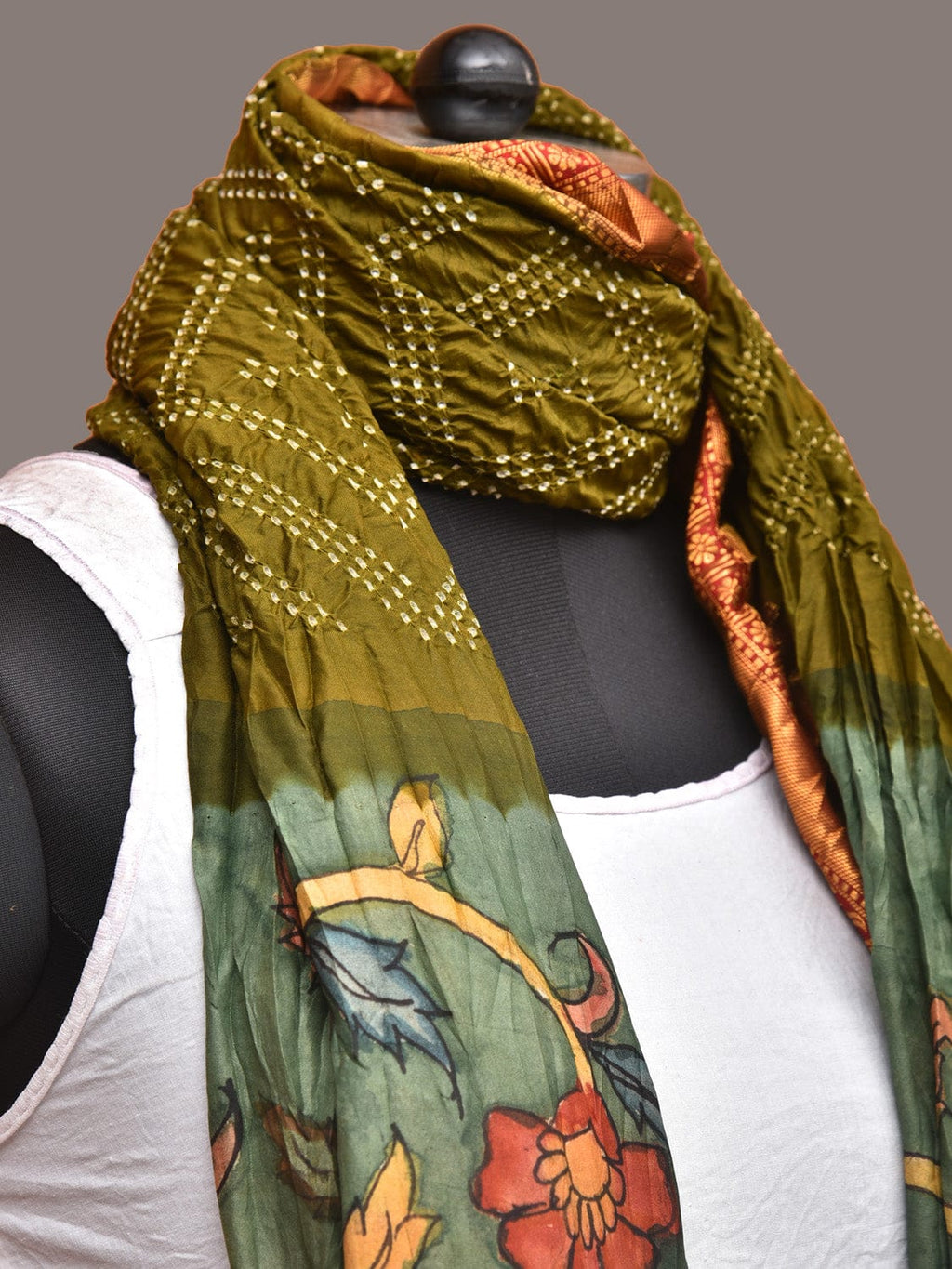 Olive and Sea Green Bandhani Kanchipuram Silk Handloom Dupatta with Kalamkari Floral Work Design - Global Threads