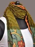 Olive and Sea Green Bandhani Kanchipuram Silk Handloom Dupatta with Kalamkari Floral Work Design - Global Threads