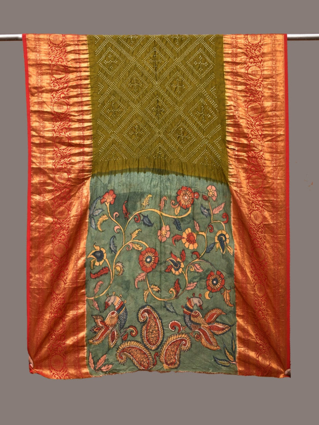 Olive and Sea Green Bandhani Kanchipuram Silk Handloom Dupatta with Kalamkari Floral Work Design - Global Threads