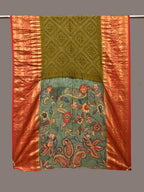 Olive and Sea Green Bandhani Kanchipuram Silk Handloom Dupatta with Kalamkari Floral Work Design - Global Threads
