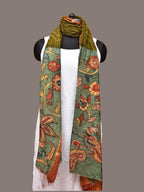 Olive and Sea Green Bandhani Kanchipuram Silk Handloom Dupatta with Kalamkari Floral Work Design - Global Threads