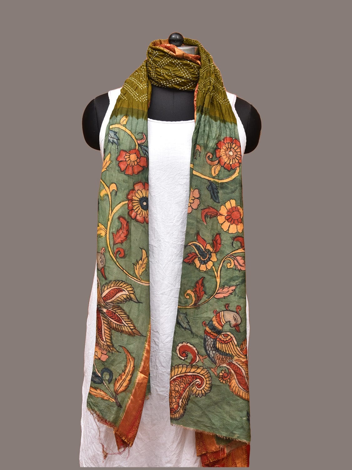 Olive and Sea Green Bandhani Kanchipuram Silk Handloom Dupatta with Kalamkari Floral Work Design - Global Threads