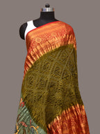 Olive and Sea Green Bandhani Kanchipuram Silk Handloom Dupatta with Kalamkari Floral Work Design - Global Threads