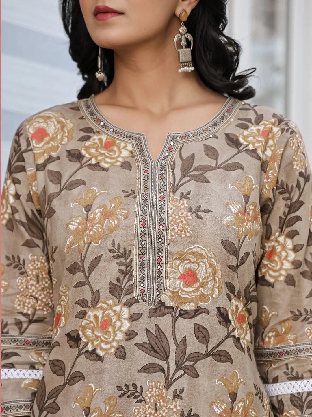 Yufta Olive Green Cotton Straight Kurta Set With Handwork - Distacart