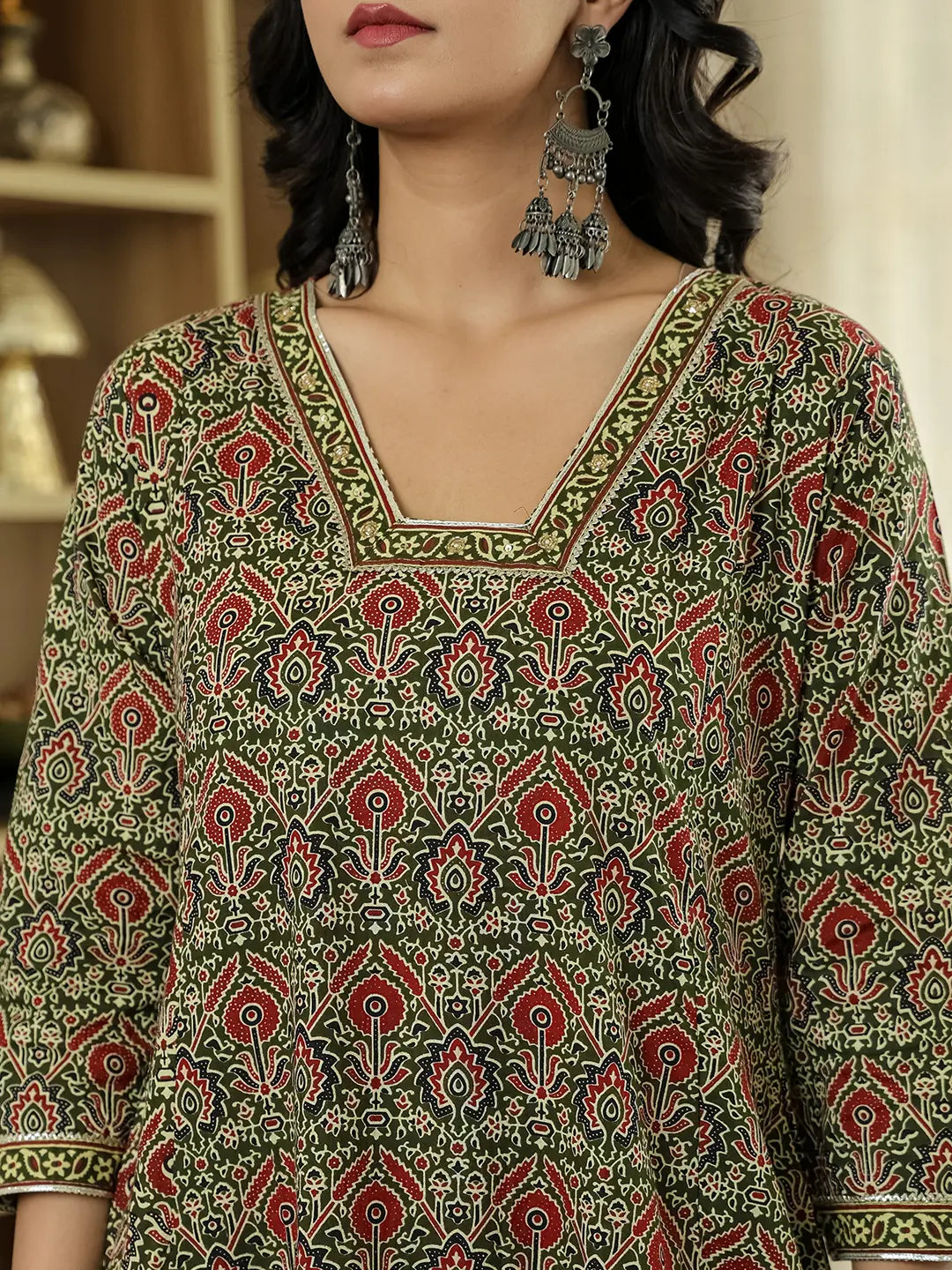 Yufta Olive Green Ethnic Motifs A-Line Kurta Trouser Dupatta Set With Bucket Neck - Distacart