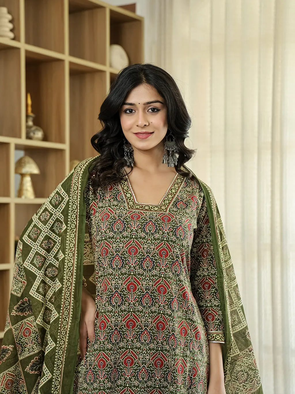Yufta Olive Green Ethnic Motifs A-Line Kurta Trouser Dupatta Set With Bucket Neck - Distacart