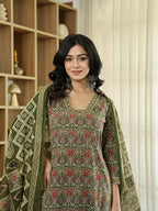 Yufta Olive Green Ethnic Motifs A-Line Kurta Trouser Dupatta Set With Bucket Neck - Distacart