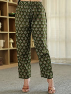 Yufta Olive Green Ethnic Motifs A-Line Kurta Trouser Dupatta Set With Bucket Neck - Distacart