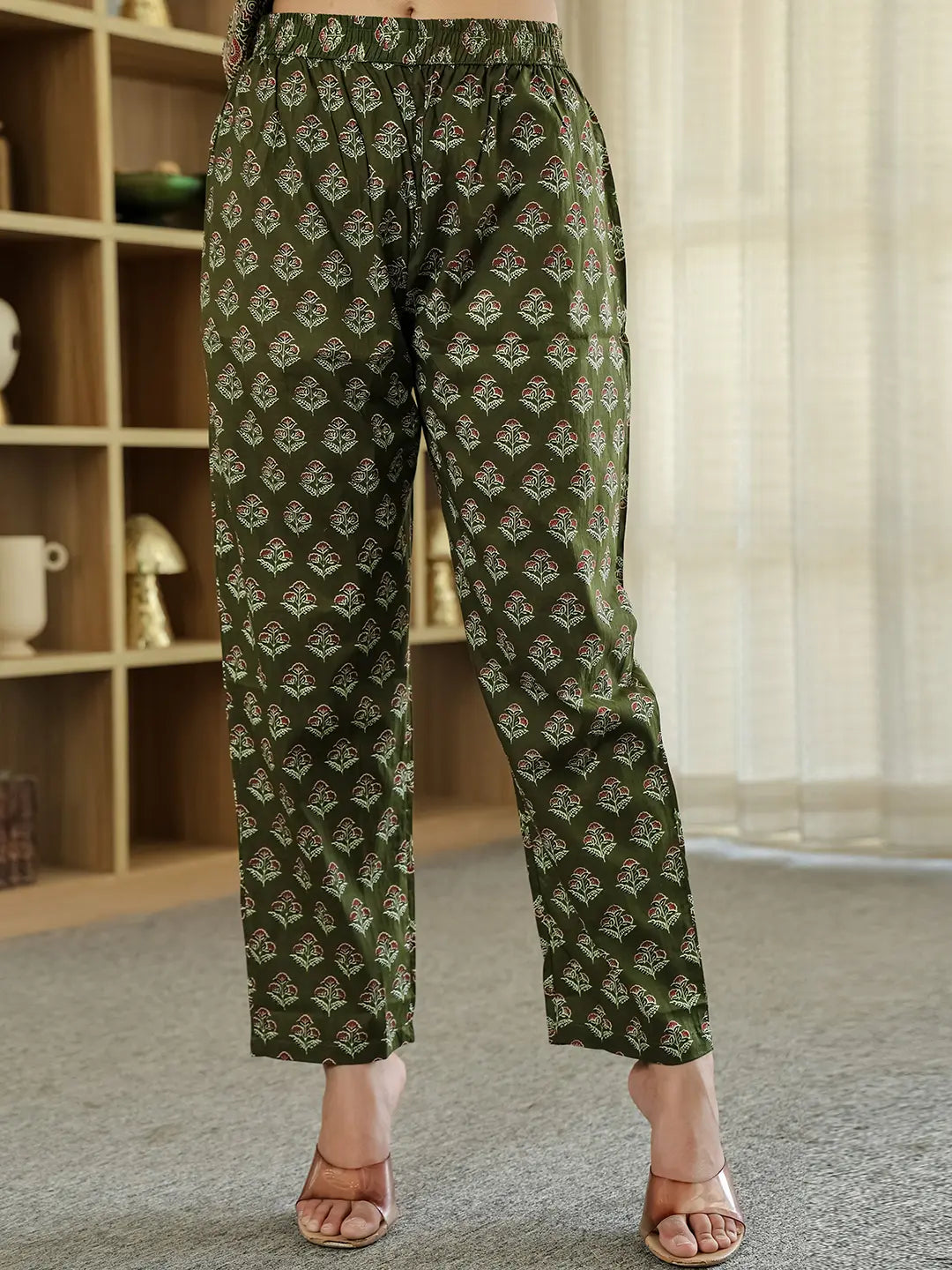 Yufta Olive Green Ethnic Motifs A-Line Kurta Trouser Dupatta Set With Bucket Neck - Distacart