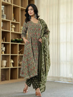 Yufta Olive Green Ethnic Motifs A-Line Kurta Trouser Dupatta Set With Bucket Neck - Distacart