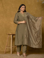 Yufta Olive Green Silk Embroidered Plus Size Kurta Dupatta Set