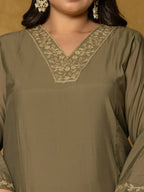 Yufta Olive Green Silk Embroidered Plus Size Kurta Dupatta Set