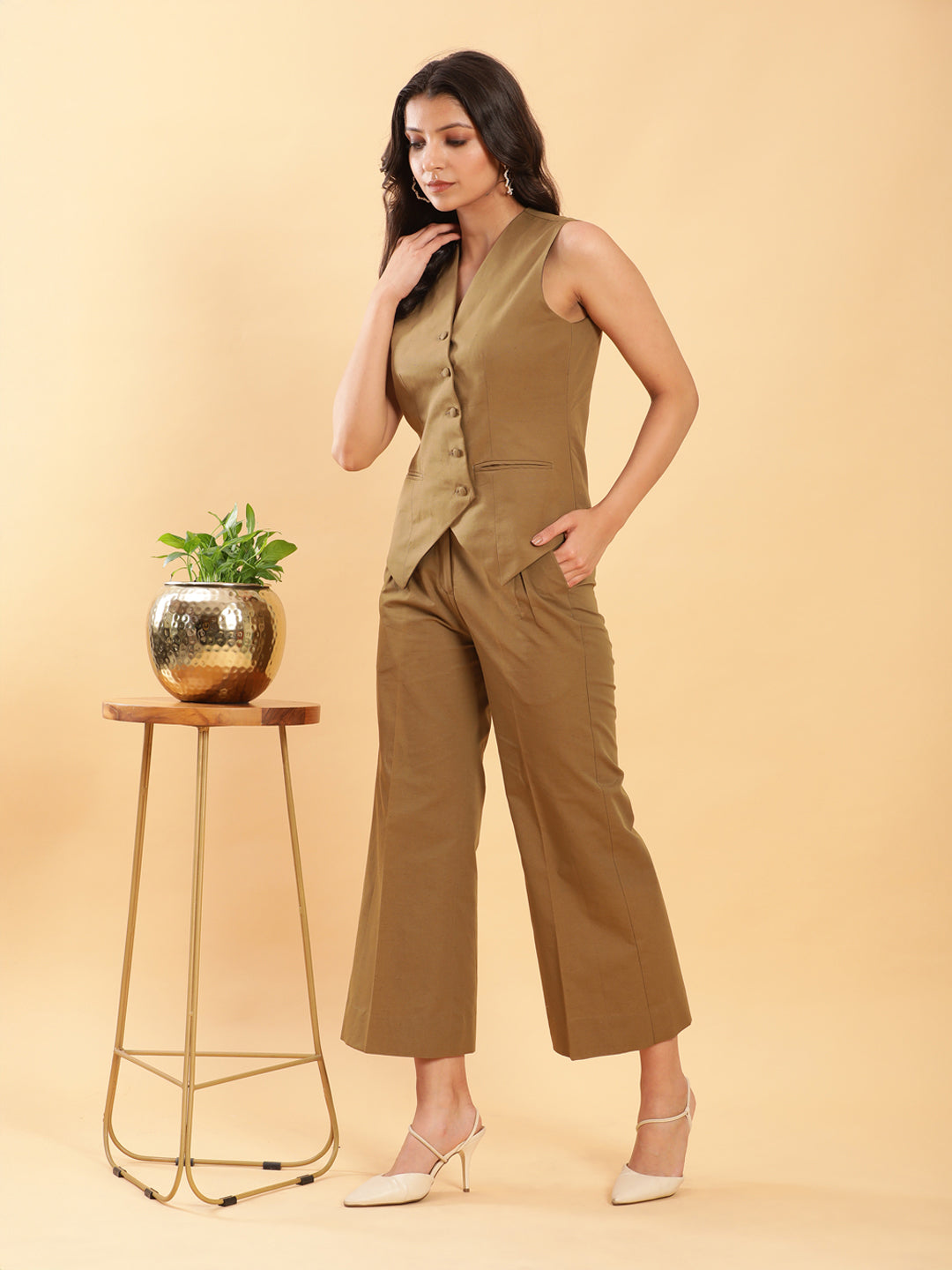 BohoJazz In-action Olive Green Tailored Waistcoat with Trousers Co-ord Set - Distacart