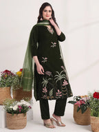 Yufta Olive Straight Embroidery Kurta And Trouser With Dupatta Set - Distacart