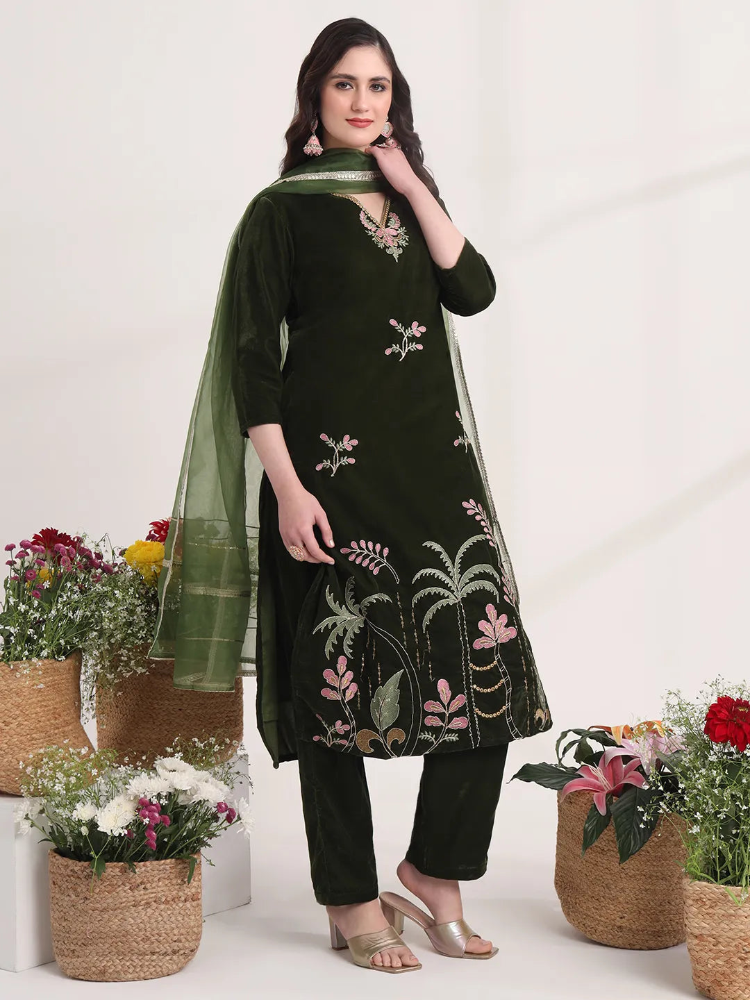 Yufta Olive Straight Embroidery Kurta And Trouser With Dupatta Set - Distacart