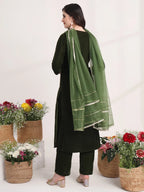 Yufta Olive Straight Embroidery Kurta And Trouser With Dupatta Set - Distacart