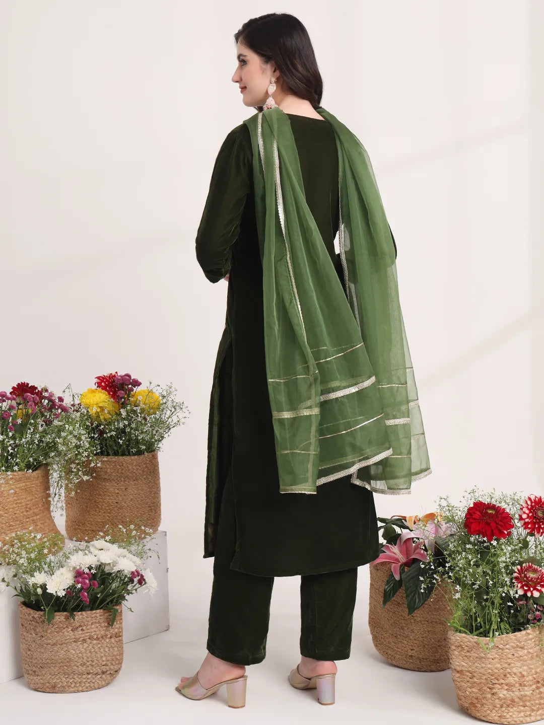 Yufta Olive Straight Embroidery Kurta And Trouser With Dupatta Set - Distacart