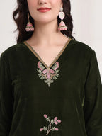 Yufta Olive Straight Embroidery Kurta And Trouser With Dupatta Set - Distacart