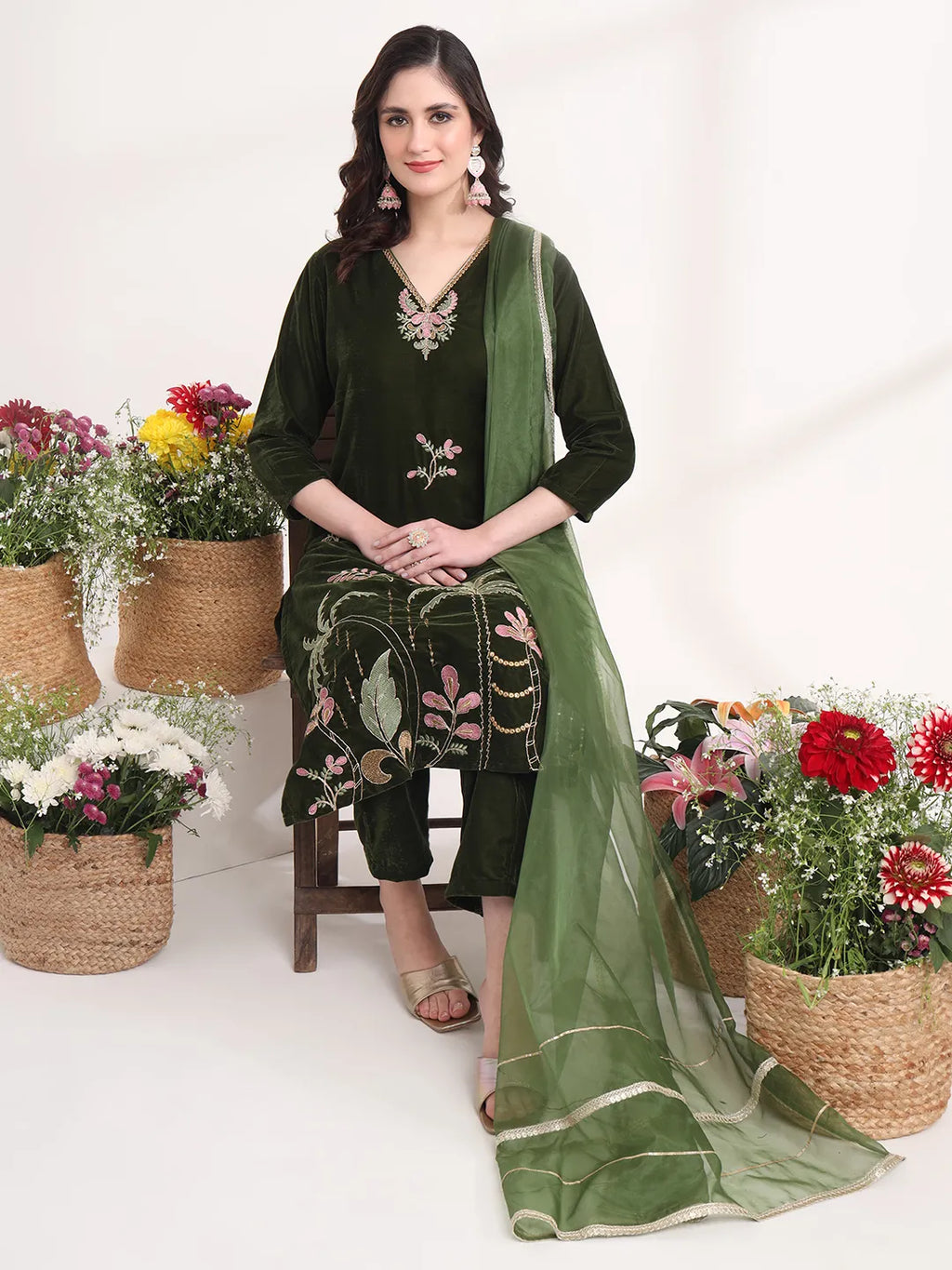 Yufta Olive Straight Embroidery Kurta And Trouser With Dupatta Set - Distacart