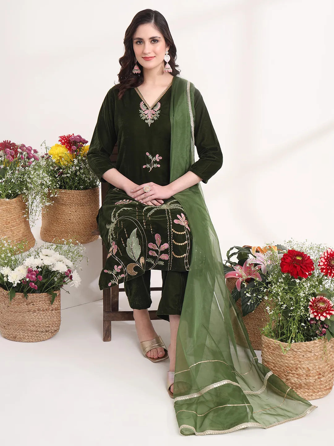 Yufta Olive Straight Embroidery Kurta And Trouser With Dupatta Set - Distacart