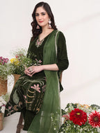 Yufta Olive Straight Embroidery Kurta And Trouser With Dupatta Set - Distacart