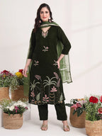 Yufta Olive Straight Embroidery Kurta And Trouser With Dupatta Set - Distacart
