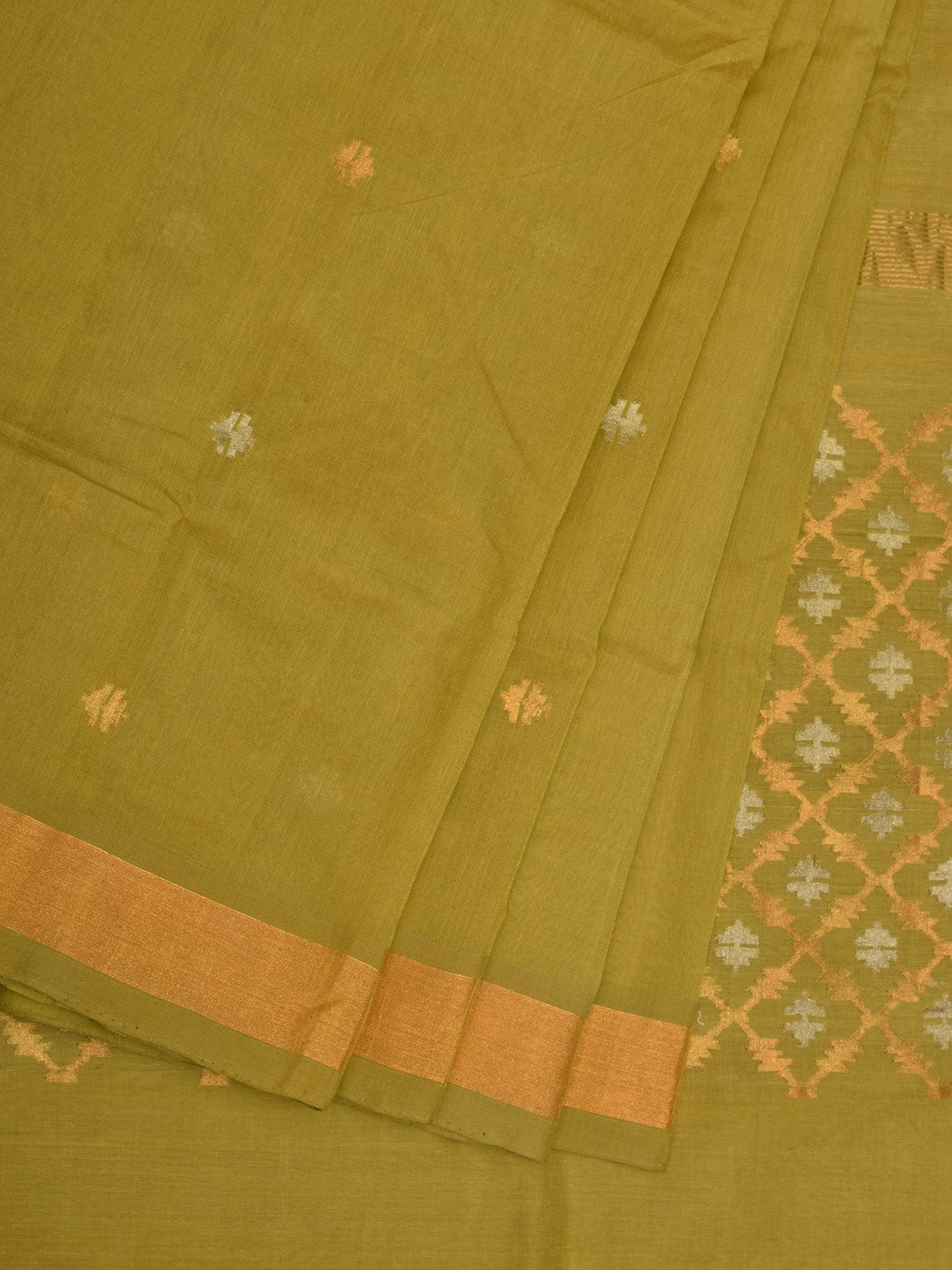Olive Uppada Cotton Handloom Saree with Jamdani Pallu Design - Global Threads