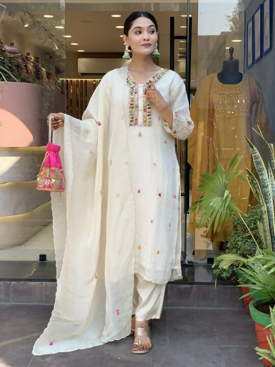 The52 Off White Women's Gorgeous Chinon Fabric Embroidered Work Straight Kurta Pant and Dupatta Set - Distacart