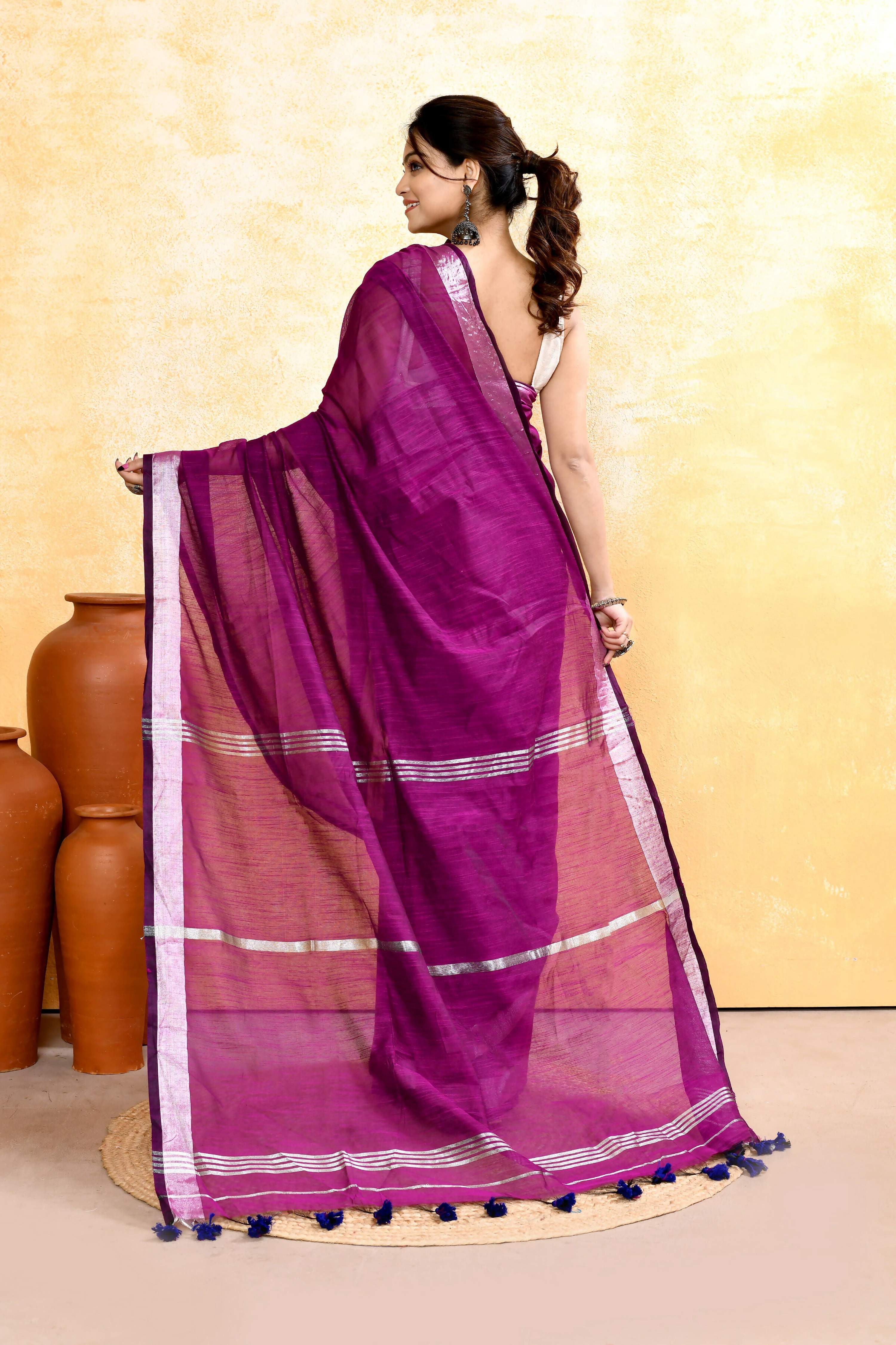 Piyari Fashion Women's Magenta Embellished Cotton Blend Zari Border Handloom Saree - Distacart