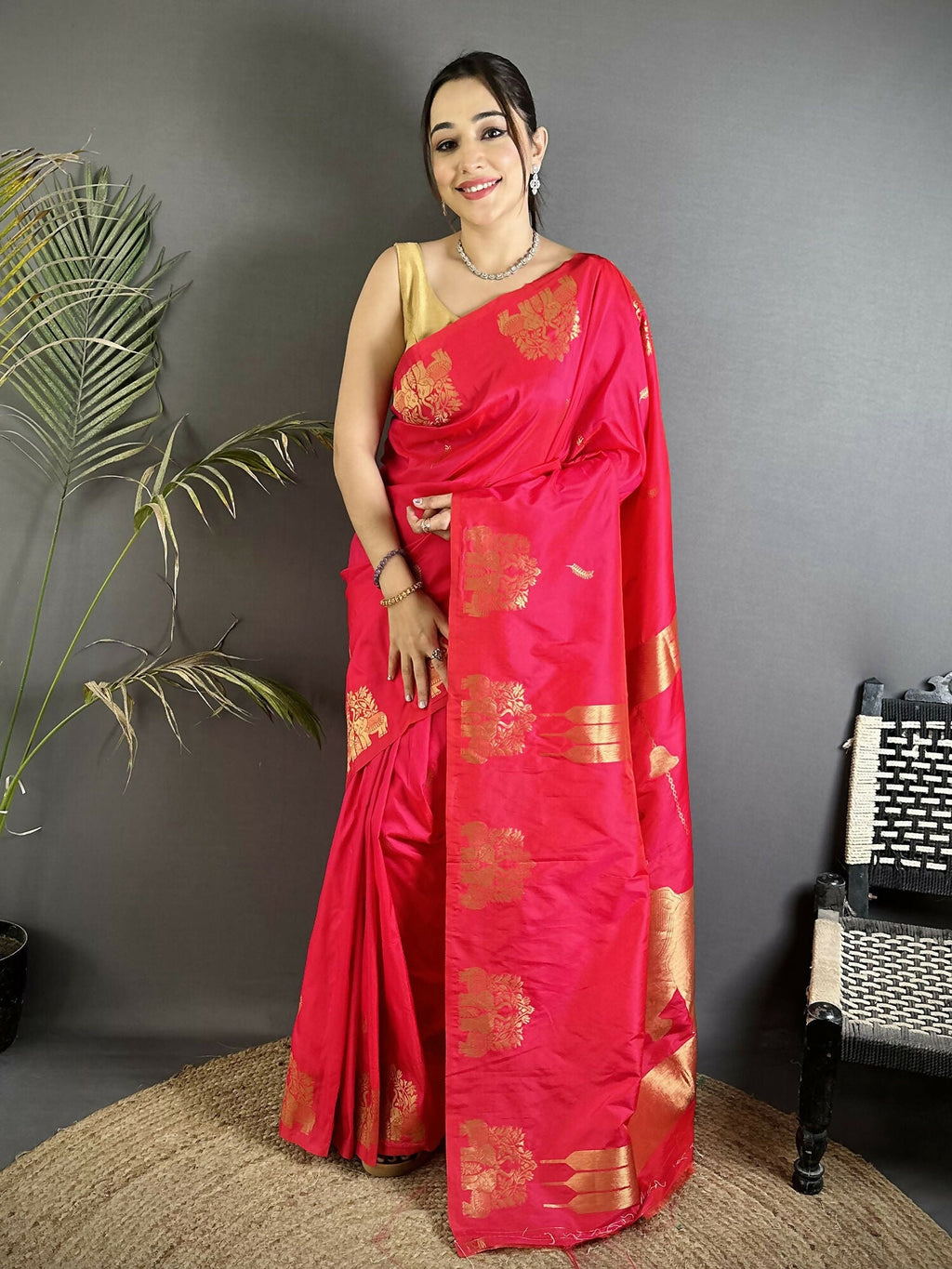 Joban Fashion Crimson Red Motifs Zari Weaving Soft Silk Banarasi Saree