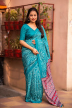 Rama Silk Blend Ajrak Saree with Unstitched Blouse - Hiral Fashion