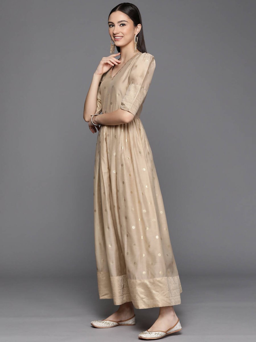 Ahalyaa Women's Beige Chanderi Gold Foil Print Dress - Distacart