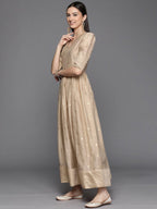 Ahalyaa Women's Beige Chanderi Gold Foil Print Dress - Distacart