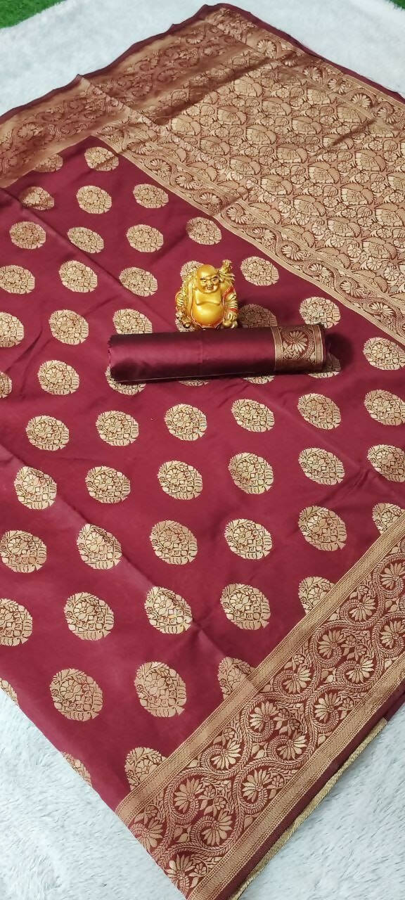 DEIANA'S Beautiful Designer Golden zari Soft Lichi Silk Saree - Maroon