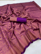 DEIANA'S Beautiful Designer Golden zari Soft Lichi Silk Saree - Purple