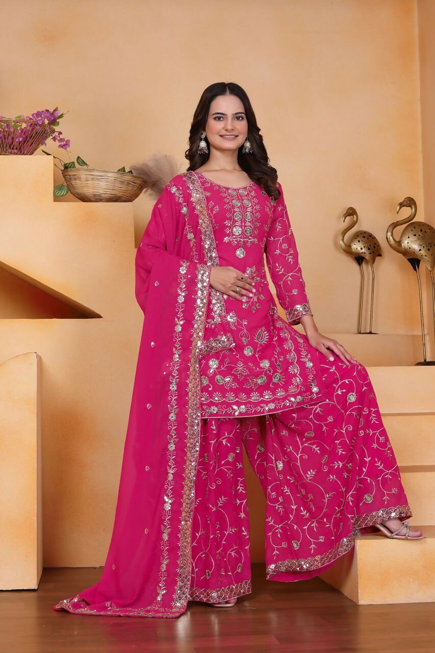 Teeya Creation Pink Color Faux Georgette Embroidery Work Wedding Wear Palazzo Set - Distacart