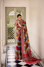 Vastranavya Maroon Viscose Chanderi Printed with Temple Border Saree & Unstitched Blouse - Distacart