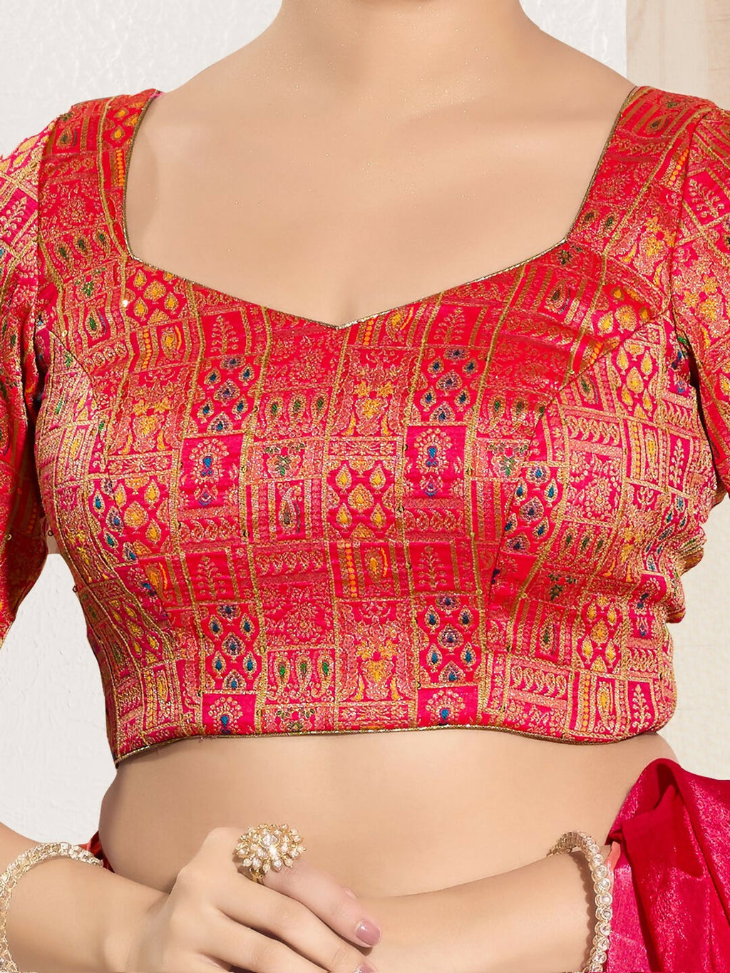 Joban Fashion Red Brocade Padded Blouse With Round Neck Elbow Sleeves - Distacart