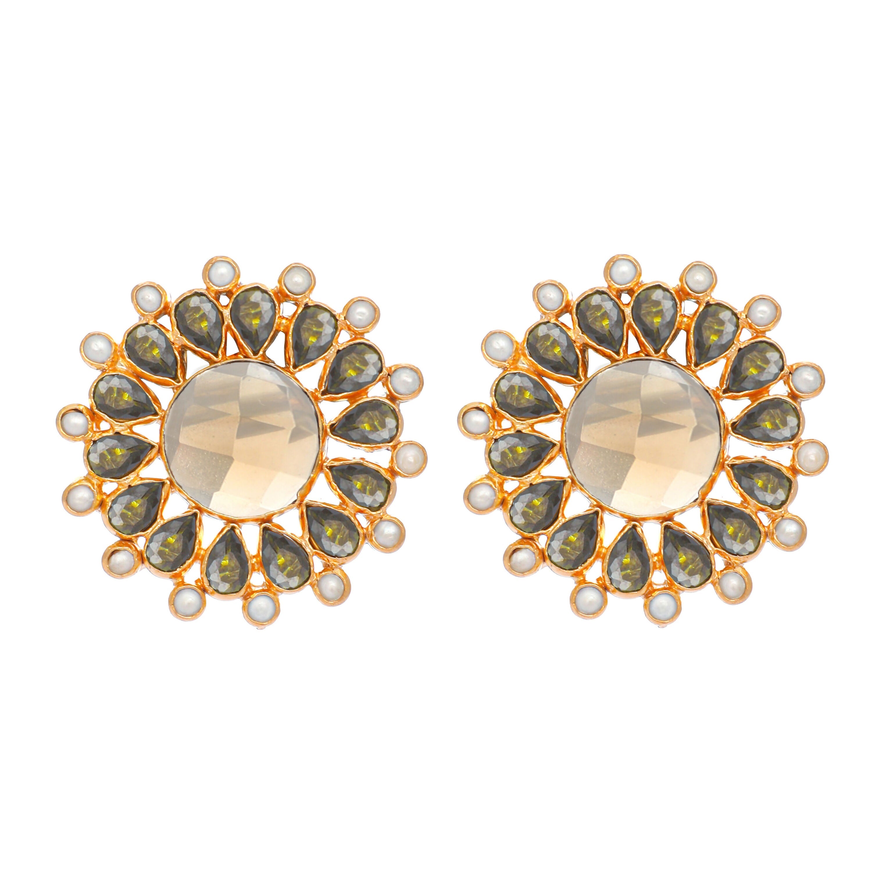 Nuyug 22K Gold Plated Faux Smoky Quartz & Crystal Studded Contemporary Floral Studs - Distacart