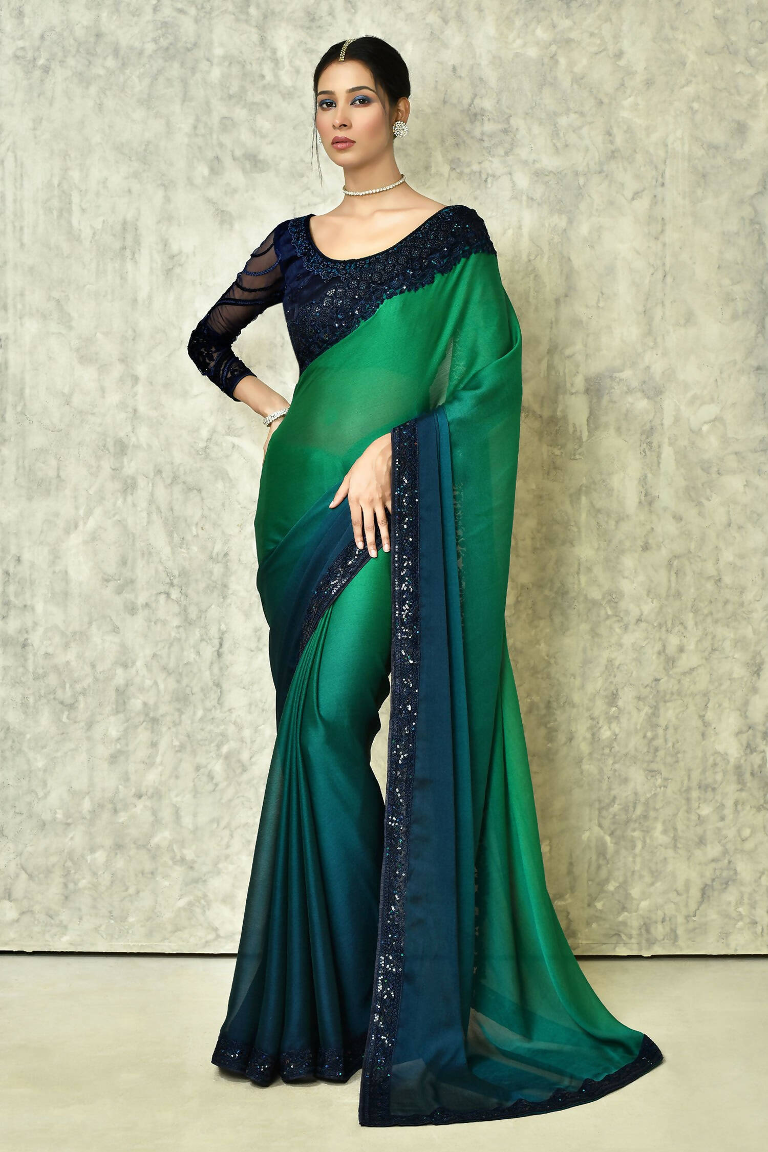 Green & Blue Silk Plain Saree with Blouse Piece - Purvi