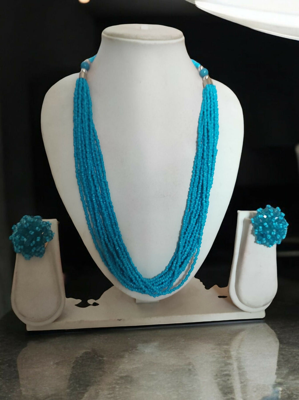Inhanns Bloom Handmade Beaded Necklace With Earrings - 12 Layers - Skey Blue Necklace Set