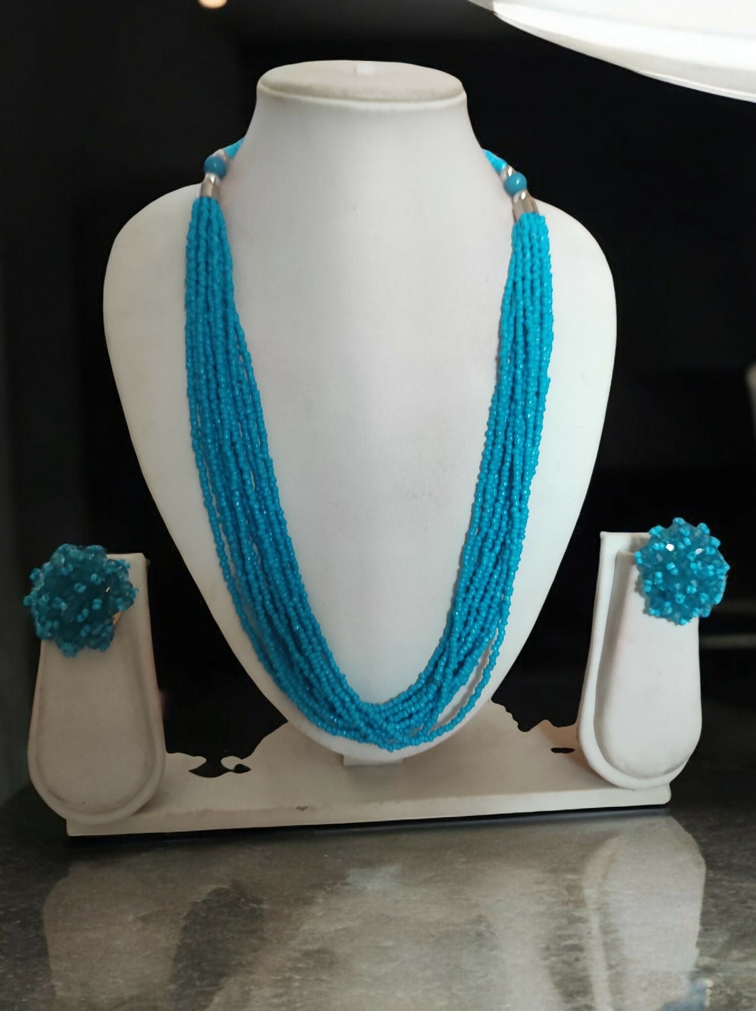 Inhanns Bloom Handmade Beaded Necklace With Earrings - 12 Layers - Skey Blue Necklace Set