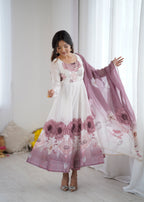 Evanik Onion Pink Soft Organza Silk With Floral Print Fully Flared Anarkali Pant With Dupatta Set - Distacart