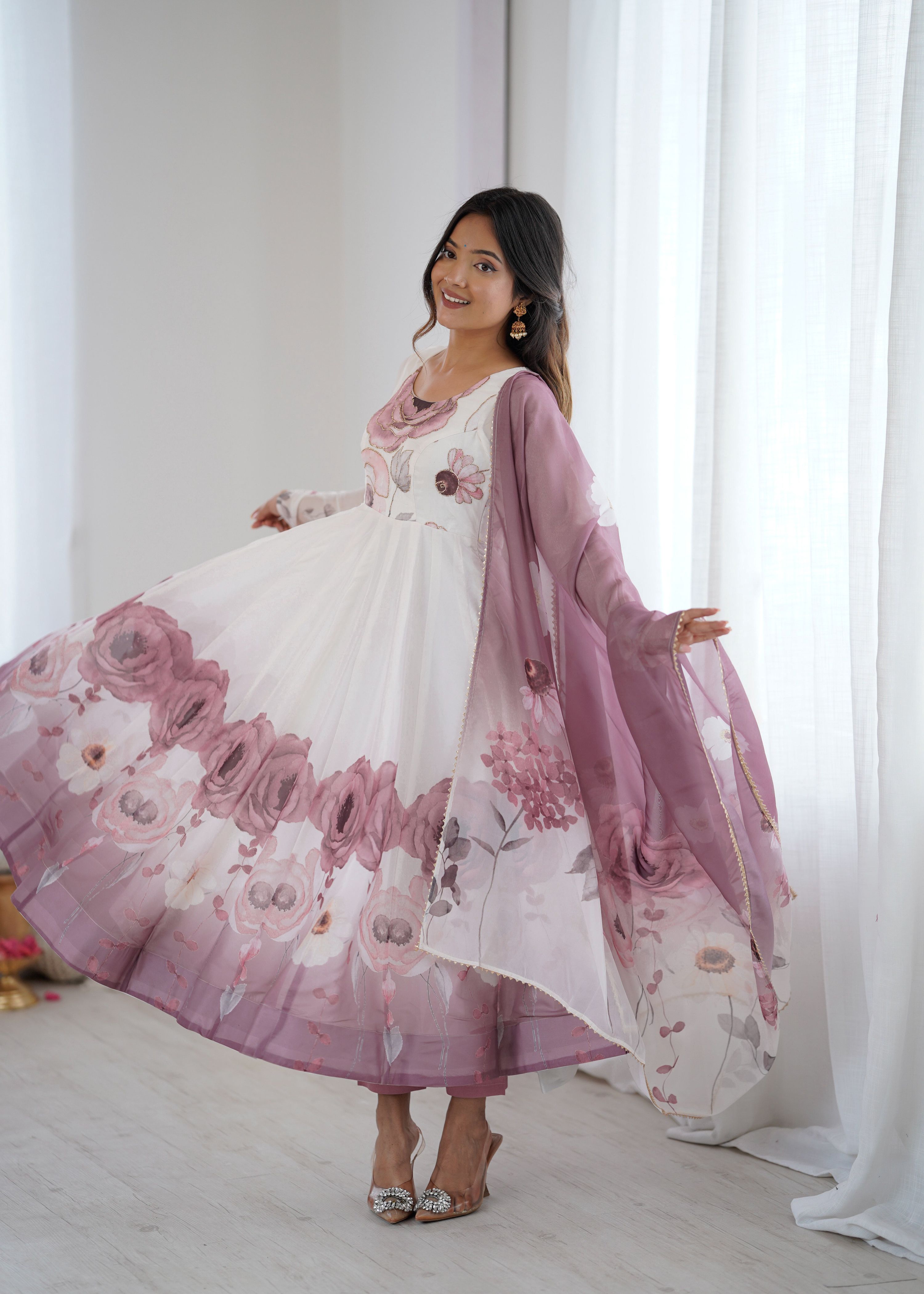 Evanik Onion Pink Soft Organza Silk With Floral Print Fully Flared Anarkali Pant With Dupatta Set - Distacart