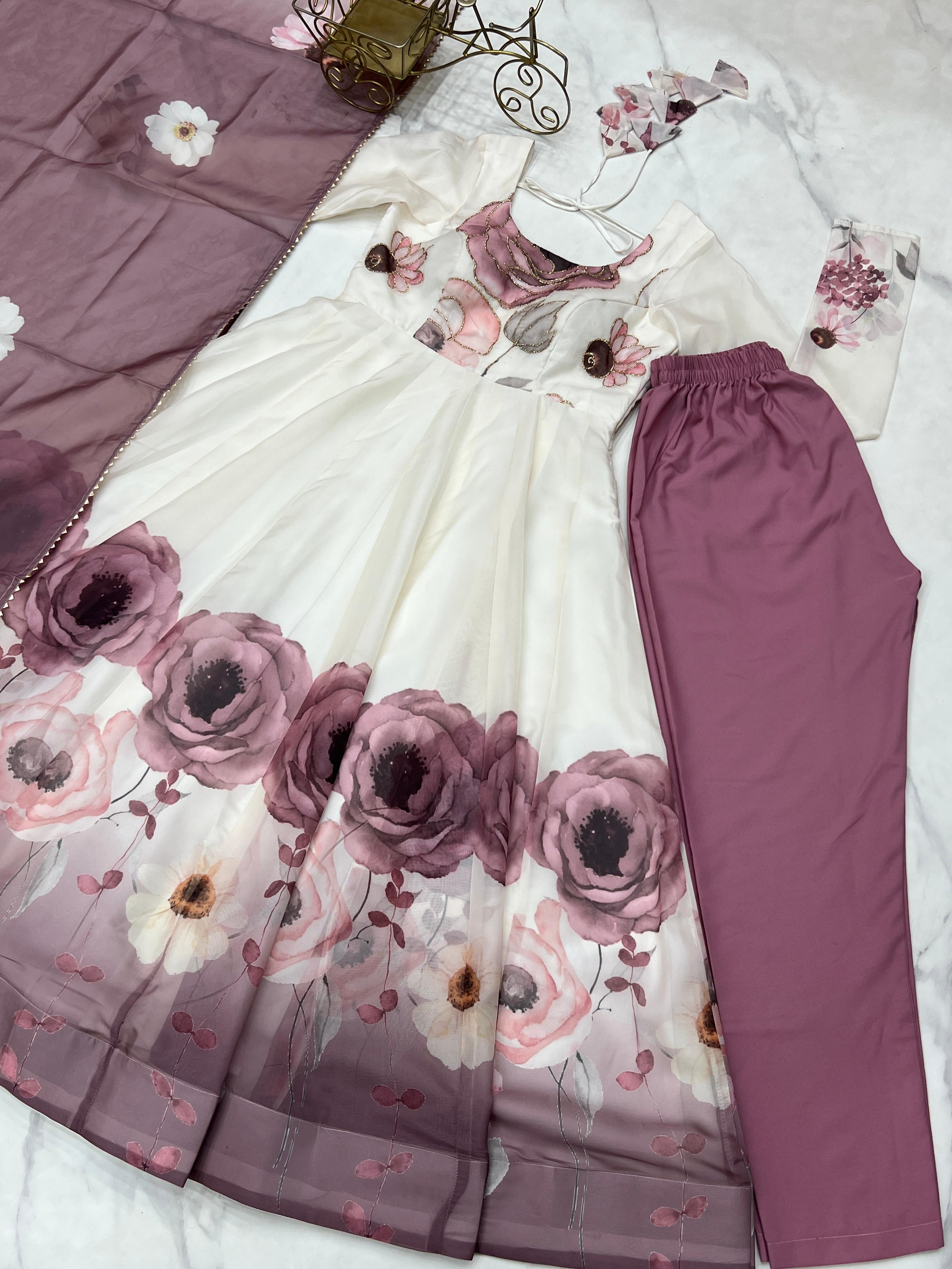Evanik Onion Pink Soft Organza Silk With Floral Print Fully Flared Anarkali Pant With Dupatta Set - Distacart