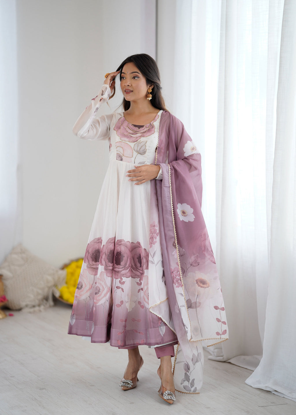 Evanik Onion Pink Soft Organza Silk With Floral Print Fully Flared Anarkali Pant With Dupatta Set - Distacart