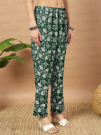 Vamika Poly Rayon Printed Bottle Green Party Wear/Casual Wear/Office Wear Kurta Set/Suit