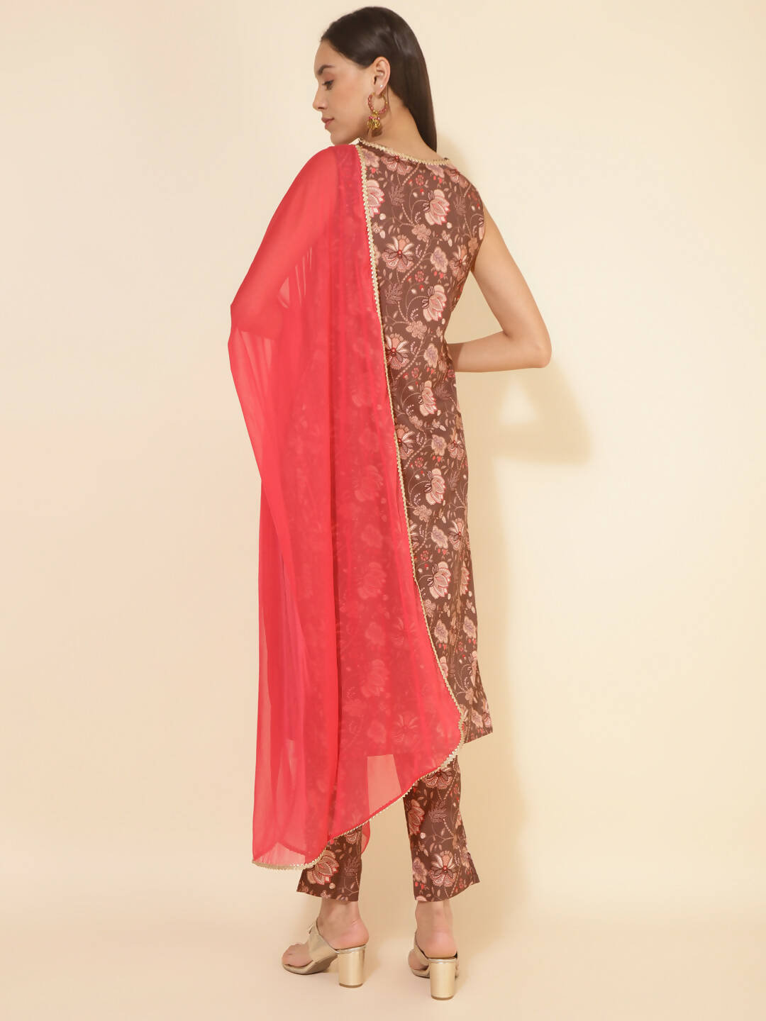 Janasya Women's Brown Crepe Digital Floral Printed Festive Straight Kurta Set